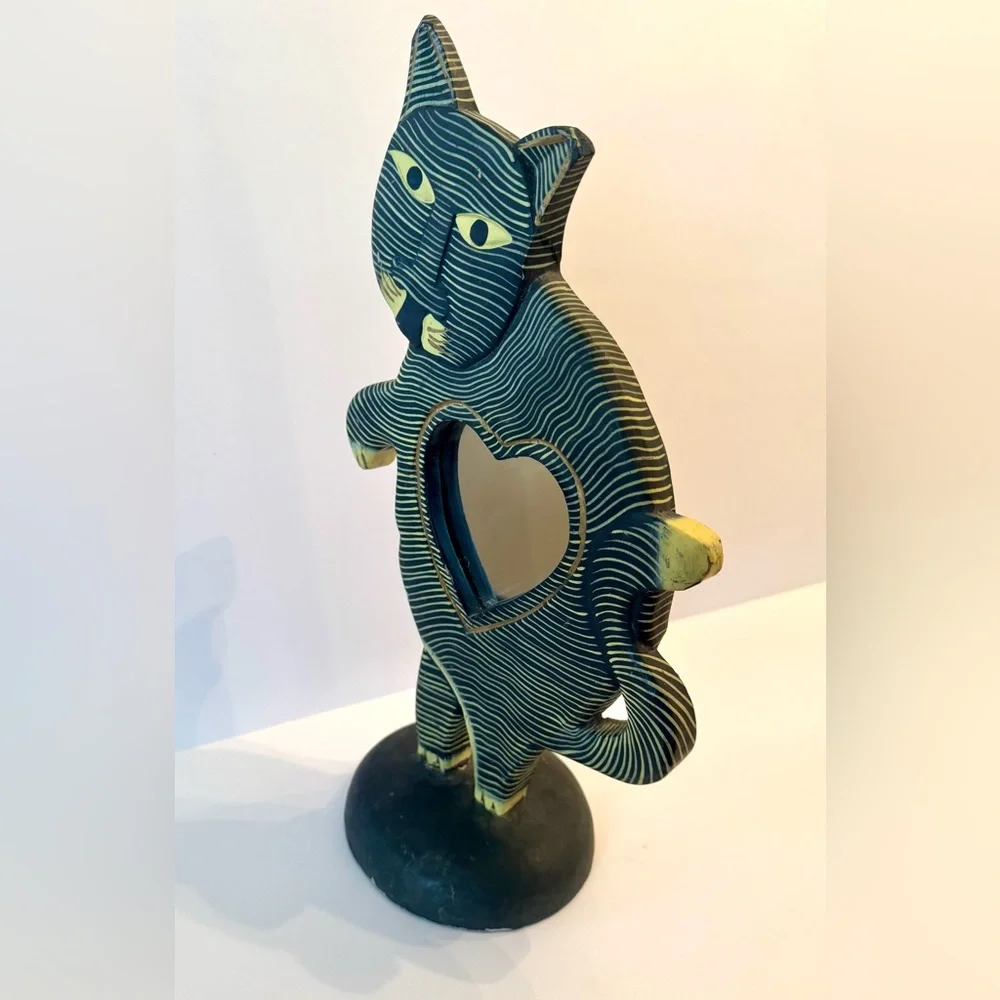 PIER 1 STRIPED WOODEN FOLK ART CAT With MIRROR Statue 15” tall